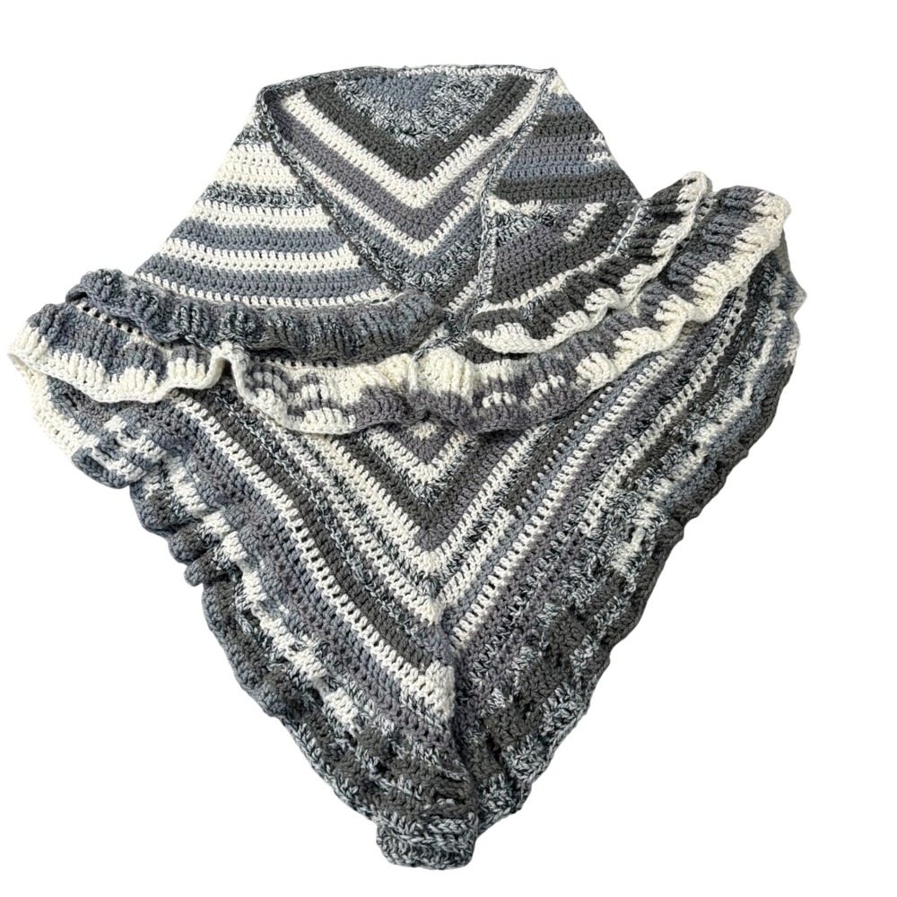 Handmade Crochet Triangle Shawl Ruffle Trim Chevron Knit Wrap Cottagecore Granjy